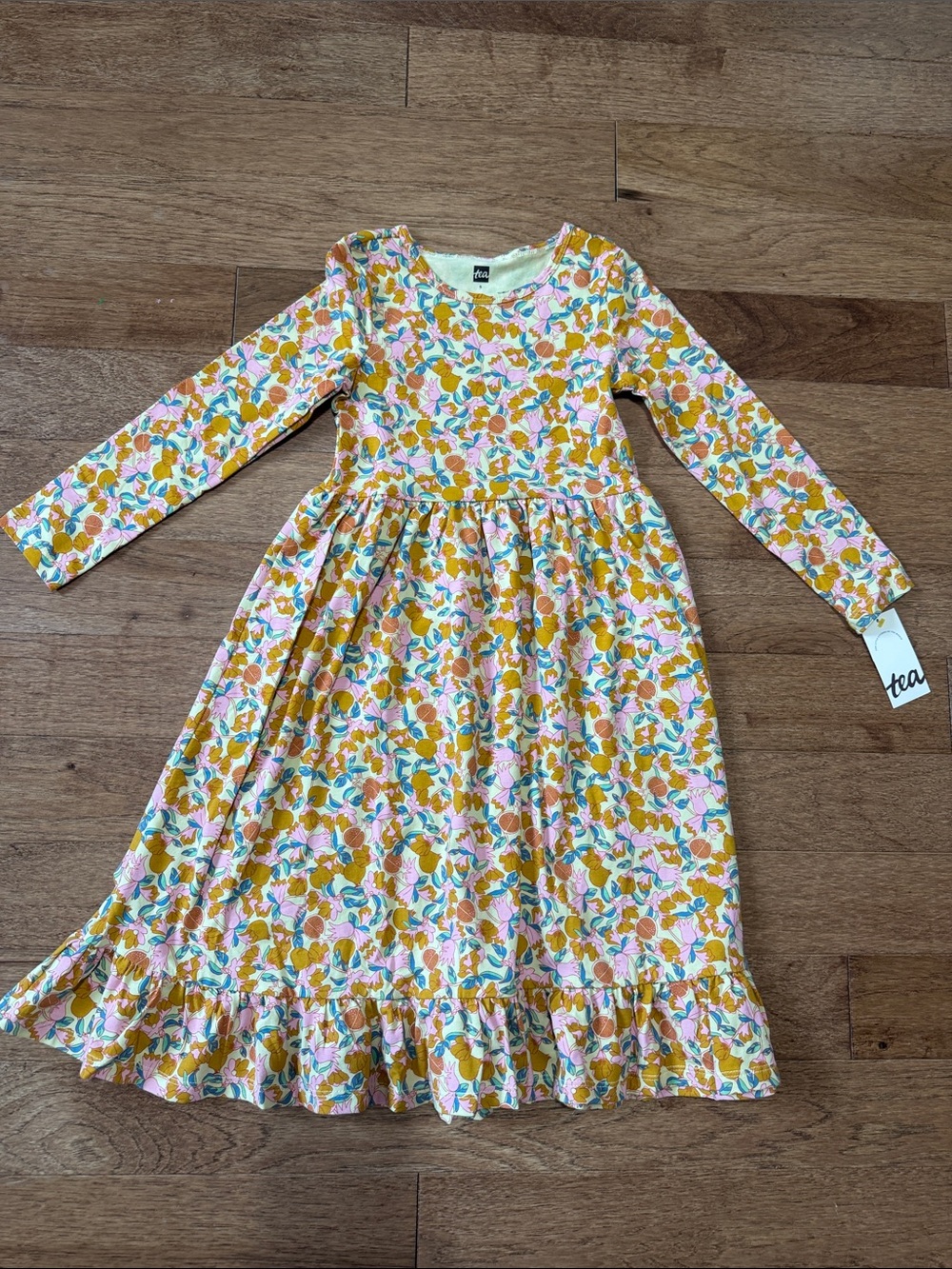 NWT - Tea Collection Girls' Floral Ruffle-Hem Long Sleeve Dress